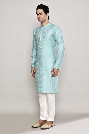 Buy_Arihant Rai Sinha_Blue Denim Embroidery Mandala Butti Pattern Kurta _Online_at_Aza_Fashions