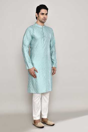 Shop_Arihant Rai Sinha_Blue Denim Embroidery Mandala Butti Pattern Kurta _Online_at_Aza_Fashions