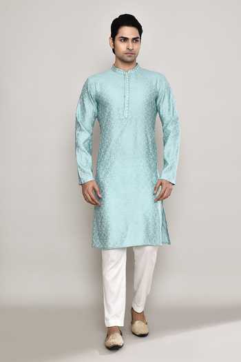 Arihant Rai Sinha_Blue Denim Embroidery Mandala Butti Pattern Kurta _at_Aza_Fashions
