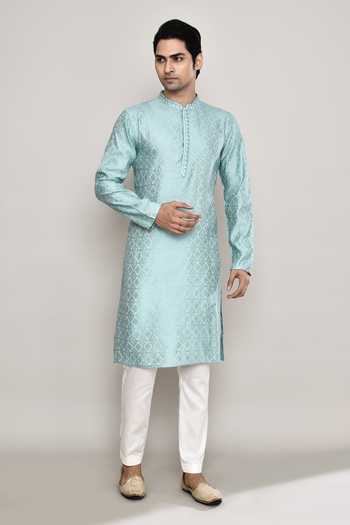 Buy_Arihant Rai Sinha_Blue Denim Embroidery Mandala Butti Pattern Kurta 