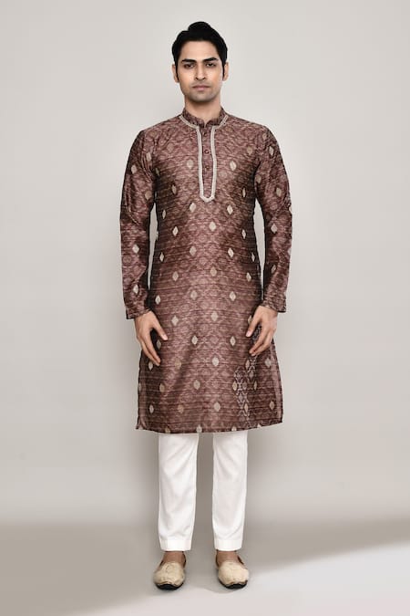 Arihant Rai Sinha_Brown Chanderi, Jacquard Embroidery Diamond Butti Pattern Kurta _Online_at_Aza_Fashions