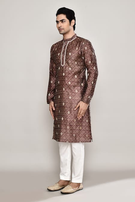 Buy_Arihant Rai Sinha_Brown Chanderi, Jacquard Embroidery Diamond Butti Pattern Kurta _Online_at_Aza_Fashions