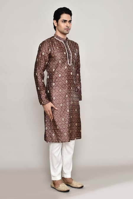 Shop_Arihant Rai Sinha_Brown Chanderi, Jacquard Embroidery Diamond Butti Pattern Kurta _Online_at_Aza_Fashions