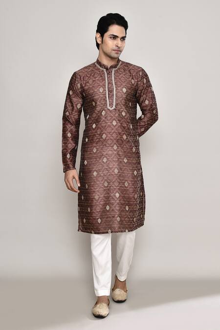 Arihant Rai Sinha_Brown Chanderi, Jacquard Embroidery Diamond Butti Pattern Kurta _at_Aza_Fashions