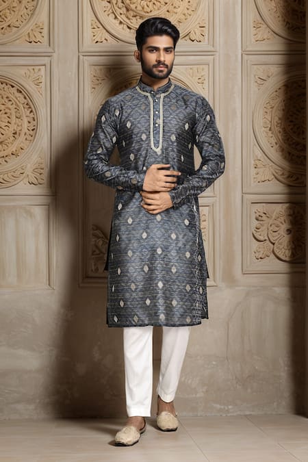 Buy Arihant Rai Sinha Grey Chanderi, Jacquard Embroidery Floral Diamond Butti Pattern Kurta at Aza Fashions Buy_Arihant Rai Sinha_Grey Chanderi, Jacquard Embroidery Floral Diamond Butti Pattern Kurta _at_Aza_Fashions