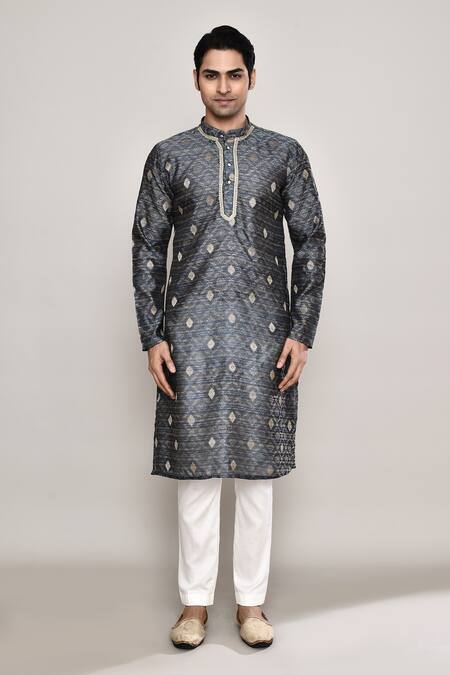 Arihant Rai Sinha_Grey Chanderi, Jacquard Embroidery Floral Diamond Butti Pattern Kurta _Online_at_Aza_Fashions