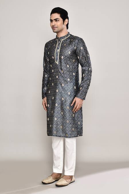 Buy_Arihant Rai Sinha_Grey Chanderi, Jacquard Embroidery Floral Diamond Butti Pattern Kurta _Online_at_Aza_Fashions