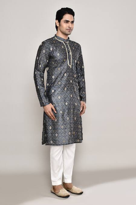 Shop_Arihant Rai Sinha_Grey Chanderi, Jacquard Embroidery Floral Diamond Butti Pattern Kurta _Online_at_Aza_Fashions