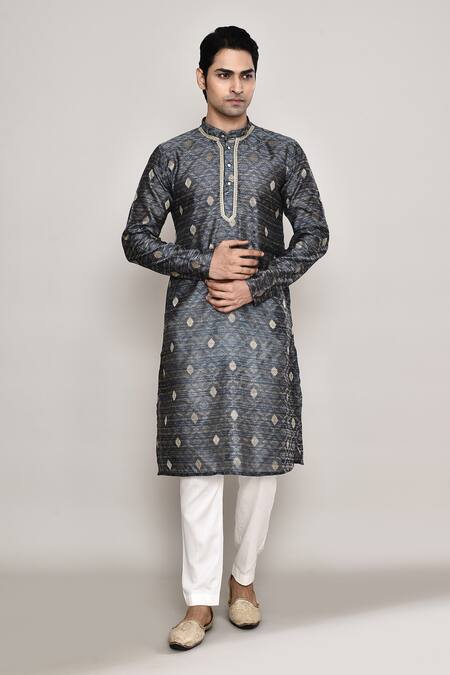Arihant Rai Sinha_Grey Chanderi, Jacquard Embroidery Floral Diamond Butti Pattern Kurta _at_Aza_Fashions