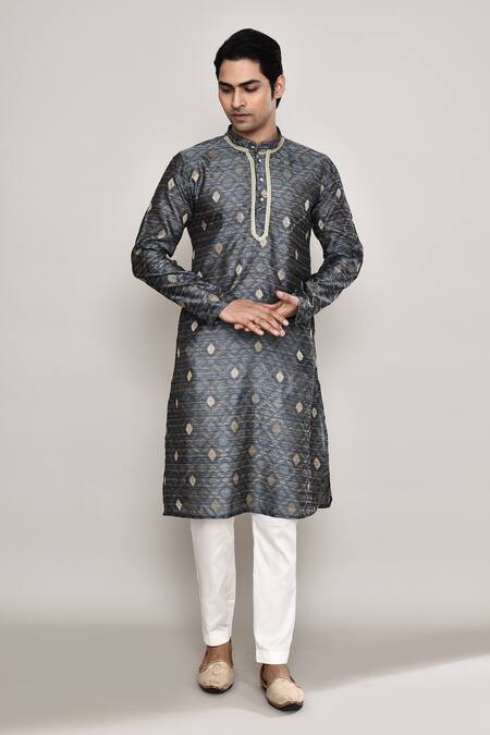 Buy_Arihant Rai Sinha_Grey Chanderi, Jacquard Embroidery Floral Diamond Butti Pattern Kurta 