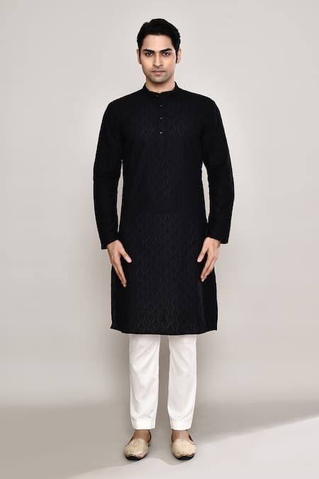 Arihant Rai Sinha_Black Cotton Embroidery Geometric Kurta _Online_at_Aza_Fashions