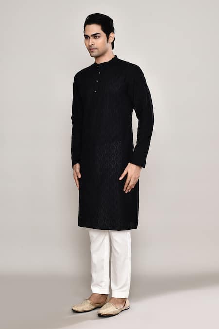 Buy_Arihant Rai Sinha_Black Cotton Embroidery Geometric Kurta _Online_at_Aza_Fashions