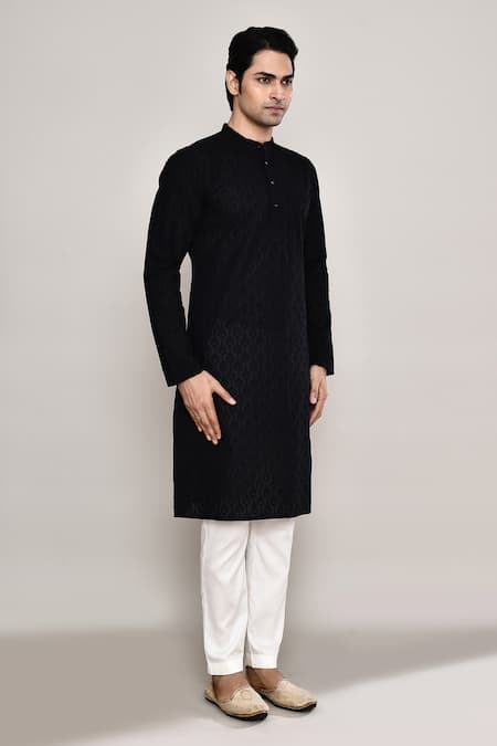 Shop_Arihant Rai Sinha_Black Cotton Embroidery Geometric Kurta _Online_at_Aza_Fashions