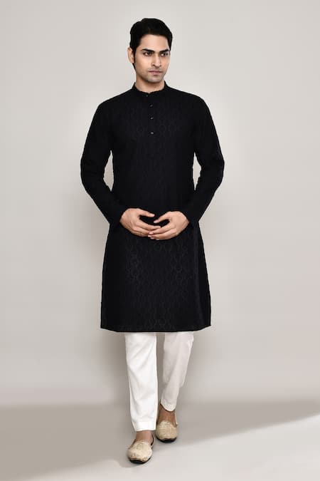 Arihant Rai Sinha_Black Cotton Embroidery Geometric Kurta _at_Aza_Fashions