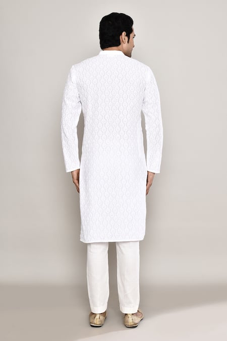 Shop_Arihant Rai Sinha_White Cotton Embroidery Geometric Straight Kurta _at_Aza_Fashions