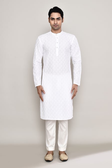 Arihant Rai Sinha_White Cotton Embroidery Geometric Straight Kurta _Online_at_Aza_Fashions