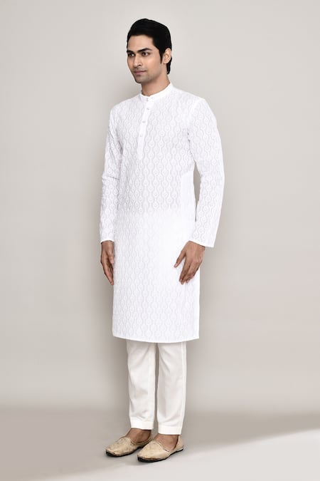 Buy_Arihant Rai Sinha_White Cotton Embroidery Geometric Straight Kurta _Online_at_Aza_Fashions