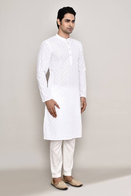 Shop_Arihant Rai Sinha_White Cotton Embroidery Geometric Straight Kurta _Online_at_Aza_Fashions