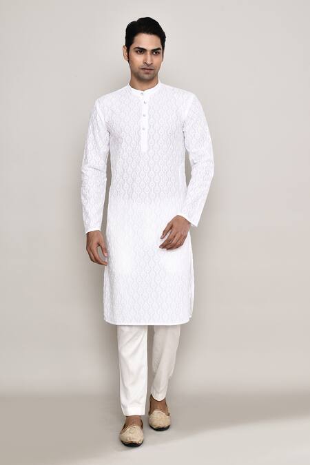 Arihant Rai Sinha_White Cotton Embroidery Geometric Straight Kurta _at_Aza_Fashions
