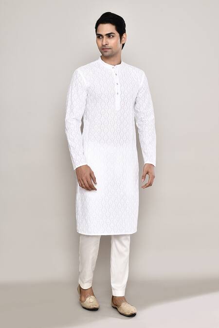 Buy_Arihant Rai Sinha_White Cotton Embroidery Geometric Straight Kurta 
