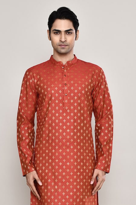 Buy Arihant Rai Sinha Red Chanderi, Jacquard Embroidery Miniature Diamond Butti Pattern Straight Kurta Online at Aza Fashions Buy_Arihant Rai Sinha_Red Chanderi, Jacquard Embroidery Miniature Diamond Butti Pattern Straight Kurta _Online_at_Aza_Fashions