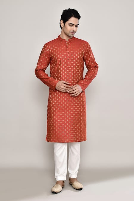 Shop Arihant Rai Sinha Red Chanderi, Jacquard Embroidery Miniature Diamond Butti Pattern Straight Kurta Shop_Arihant Rai Sinha_Red Chanderi, Jacquard Embroidery Miniature Diamond Butti Pattern Straight Kurta