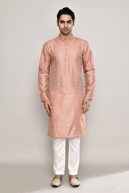Arihant Rai Sinha_Peach Silk, Jacquard Abstract Butti Pattern Kurta _Online_at_Aza_Fashions