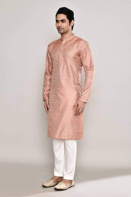 Shop_Arihant Rai Sinha_Peach Silk, Jacquard Abstract Butti Pattern Kurta _Online_at_Aza_Fashions