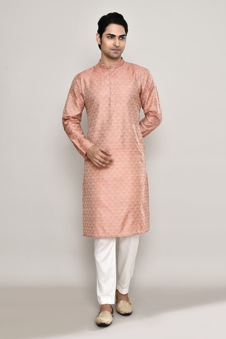 Buy_Arihant Rai Sinha_Peach Silk, Jacquard Abstract Butti Pattern Kurta 