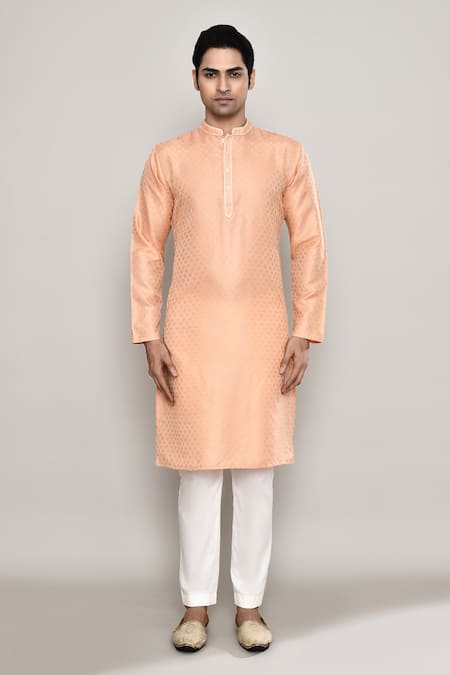 Arihant Rai Sinha_Peach Brocade Embroidery Crest Banaras Dobby Kurta _Online_at_Aza_Fashions