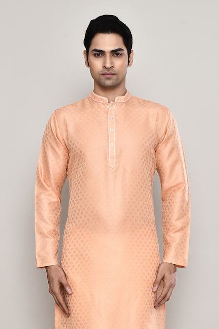 Buy_Arihant Rai Sinha_Peach Brocade Embroidery Crest Banaras Dobby Kurta _Online_at_Aza_Fashions
