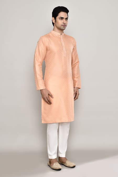 Shop_Arihant Rai Sinha_Peach Brocade Embroidery Crest Banaras Dobby Kurta _Online_at_Aza_Fashions