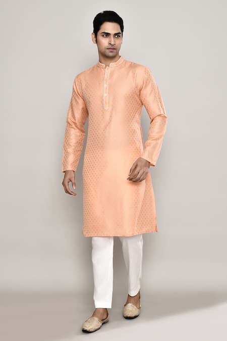 Arihant Rai Sinha_Peach Brocade Embroidery Crest Banaras Dobby Kurta _at_Aza_Fashions