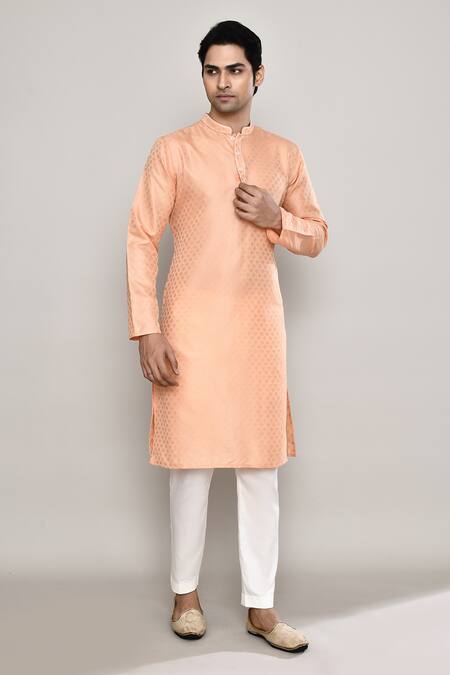 Buy_Arihant Rai Sinha_Peach Brocade Embroidery Crest Banaras Dobby Kurta 