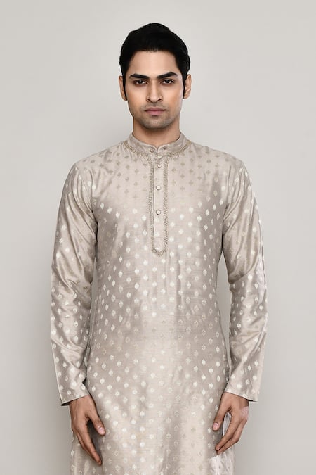 Arihant Rai Sinha Grey Chanderi, Jacquard Lace Bloom Crest Woven Kurta Online at Aza Fashions Arihant Rai Sinha_Grey Chanderi, Jacquard Lace Bloom Crest Woven Kurta_Online_at_Aza_Fashions
