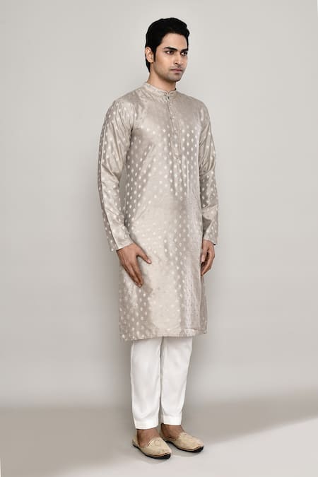 Arihant Rai Sinha_Grey Chanderi, Jacquard Lace Bloom Crest Woven Kurta_at_Aza_Fashions