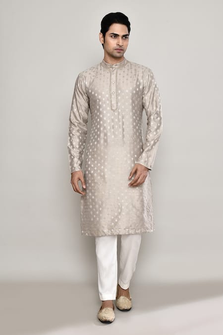 Buy_Arihant Rai Sinha_Grey Chanderi, Jacquard Lace Bloom Crest Woven Kurta