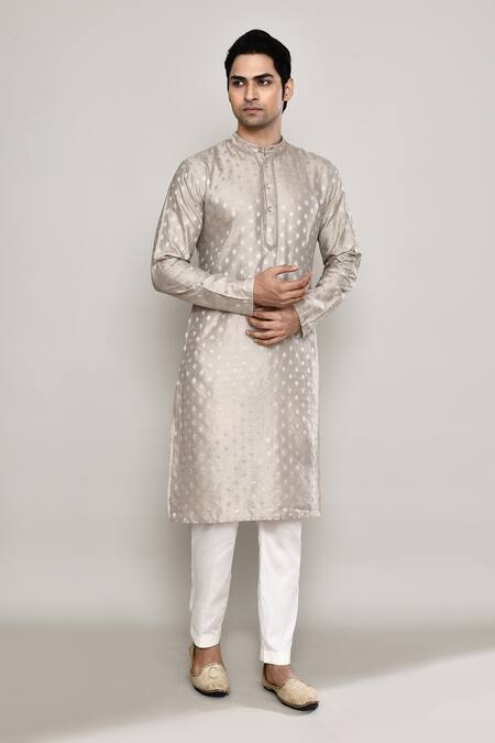 Shop_Arihant Rai Sinha_Grey Chanderi, Jacquard Lace Bloom Crest Woven Kurta