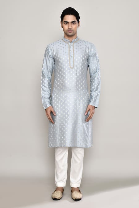 Arihant Rai Sinha_Blue Chanderi, Jacquard Lace Blossom Crest Woven Kurta _Online_at_Aza_Fashions