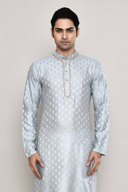 Buy_Arihant Rai Sinha_Blue Chanderi, Jacquard Lace Blossom Crest Woven Kurta _Online_at_Aza_Fashions