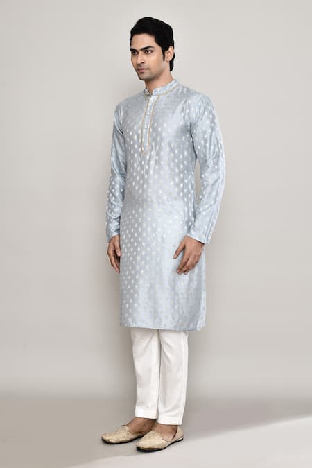 Shop_Arihant Rai Sinha_Blue Chanderi, Jacquard Lace Blossom Crest Woven Kurta _Online_at_Aza_Fashions