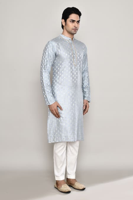 Arihant Rai Sinha_Blue Chanderi, Jacquard Lace Blossom Crest Woven Kurta _at_Aza_Fashions