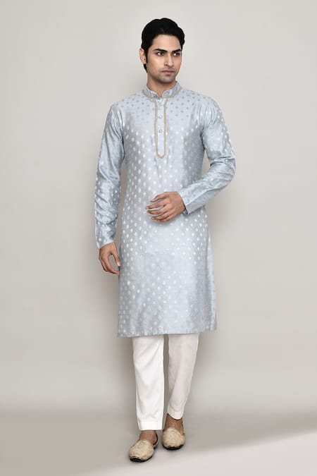 Buy_Arihant Rai Sinha_Blue Chanderi, Jacquard Lace Blossom Crest Woven Kurta 