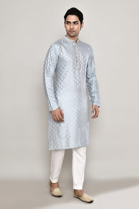 Shop_Arihant Rai Sinha_Blue Chanderi, Jacquard Lace Blossom Crest Woven Kurta 