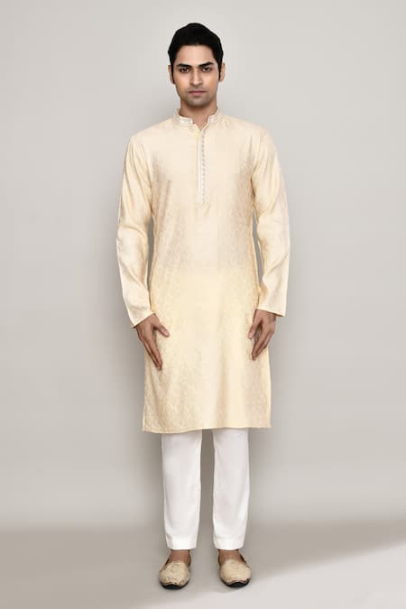Arihant Rai Sinha_Off White Brocade Embroidery Vintage Crest Banaras Dobby Kurta _Online_at_Aza_Fashions