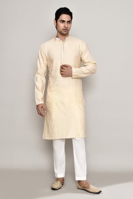 Buy_Arihant Rai Sinha_Off White Brocade Embroidery Vintage Crest Banaras Dobby Kurta _Online_at_Aza_Fashions