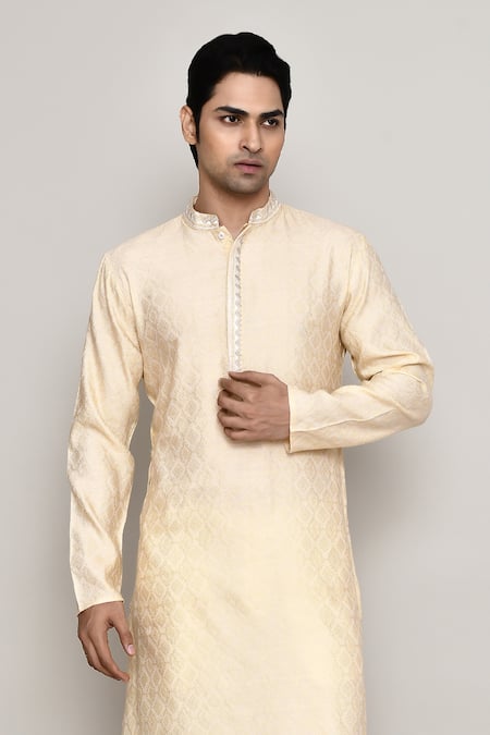 Shop_Arihant Rai Sinha_Off White Brocade Embroidery Vintage Crest Banaras Dobby Kurta _Online_at_Aza_Fashions