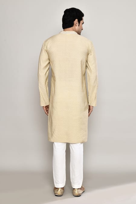 Shop_Arihant Rai Sinha_Yellow Brocade Embroidery Bloom Sitara Banaras Dobby Kurta _at_Aza_Fashions