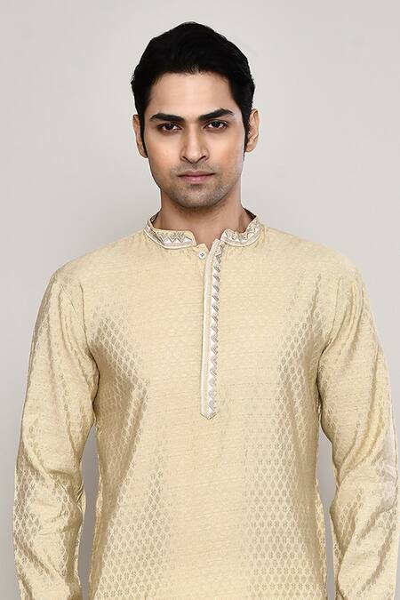 Buy_Arihant Rai Sinha_Yellow Brocade Embroidery Bloom Sitara Banaras Dobby Kurta _Online_at_Aza_Fashions