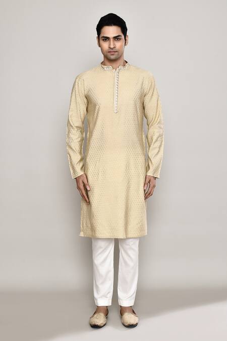 Shop_Arihant Rai Sinha_Yellow Brocade Embroidery Bloom Sitara Banaras Dobby Kurta _Online_at_Aza_Fashions